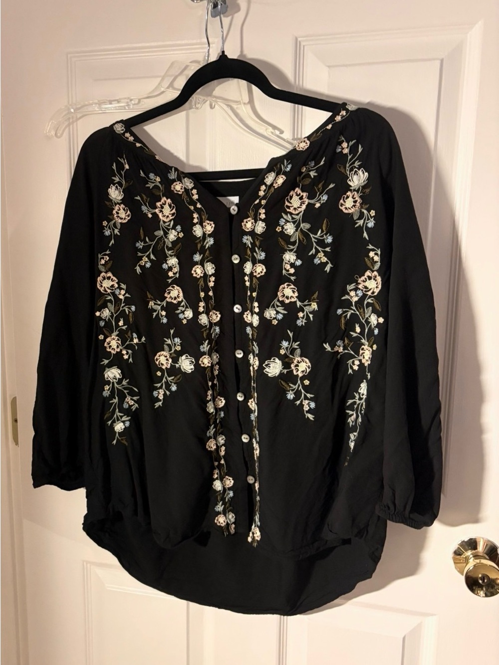 J. Jill Black Button-Front Blouse with Cream & Light Green Floral Embroidery